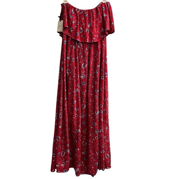 Japna Dress Women L Red Floral Strapless Maxi Tassel Slit Ruffle Beach Vacation - Picture 2 of 10